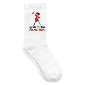 Heute wieder: Einzelsocke. – Junge mit roter Socke - Tennissocken - Weiß - Rechts