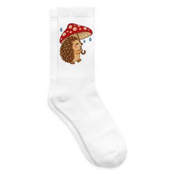 Süßer Igel mit Pilzschirm –Herbst Stickmotiv Optik - Tennissocken - Weiß - Rechts