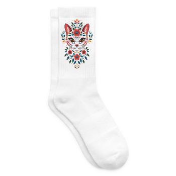 Flower cat head in folk style - Tennis socks - white - Right