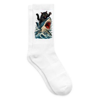 Angry Black Cat Riding a Great White Shark - Tennissocken - Weiß - Rechts