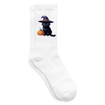 Witch cat with pumpkin - Tennis socks - white - Right