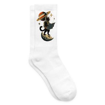 Schwarze Katze Astronaut Weltraum Mond Sterne - Tennissocken - Weiß - Rechts
