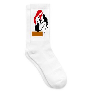 donna_stilizzata_con_capelli_rossi_e_gatto_nero - Tennissocken - Weiß - Rechts