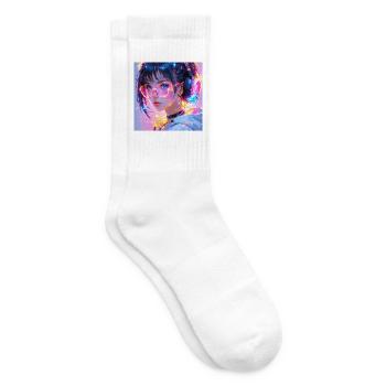 Neon Anime Girl Tokyo Nights Pink Lila Vaporwave - Tennissocken - Weiß - Rechts