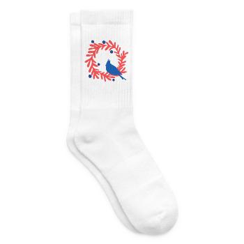 Weihnachtsbild, blauer Vogel auf rotem Kranz - Tennissocken - Weiß - Rechts
