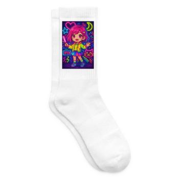 Neon Chibi Magic – Colorful Anime Energy - Tennis socks - white - Right