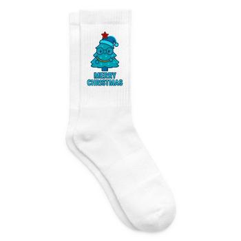 Blue cartoon Christmas tree with glasses - Tennis socks - white - Right