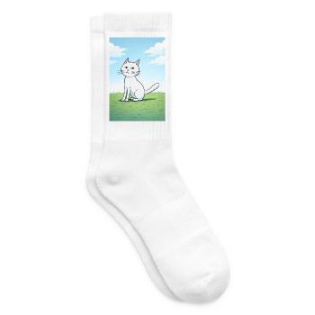 White cat with a cheeky look - Tennis socks - white - Right