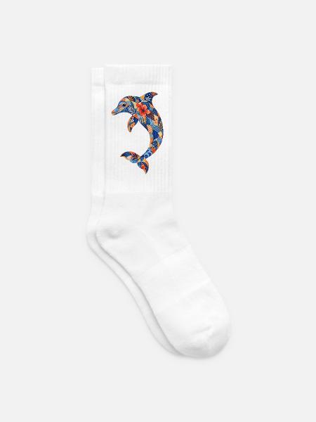 Patchwork-Delfin mit Blumenkraft - Tennissocken - Weiß