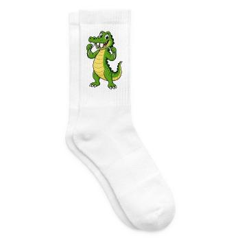 Grinsende Krokodil benutzt seine scharfen Zähne mit Zahnseide - Tennissocken - Weiß - Rechts