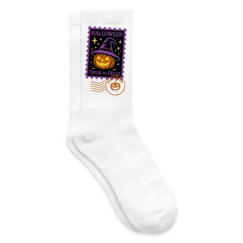 Timbre-poste - Citrouille d'Halloween avec chapeau magique - Chaussettes de tennis - blanc - Droite
