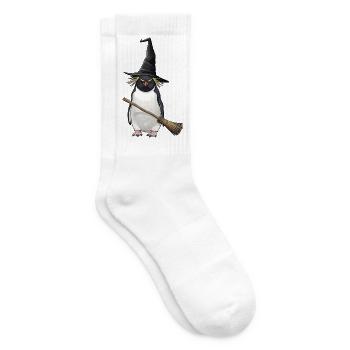 Funny Halloween Penguin Witch with Broom Cartoon - Tennis socks - white - Right
