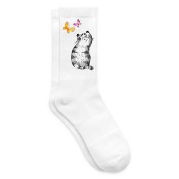 Cat with Butterflies – Sketch Design - Tennis socks - white - Right