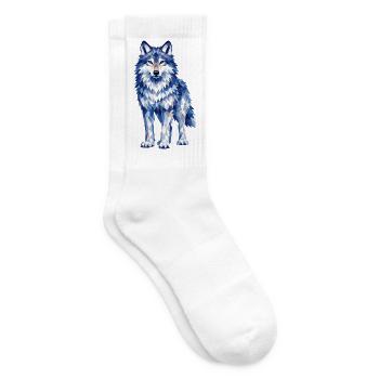 Modern polygon wolf design in shades of blue - Tennis socks - white - Right