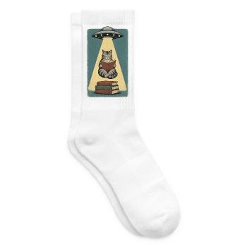Lesende Katze im UFO Strahl - Tennissocken - Weiß - Rechts
