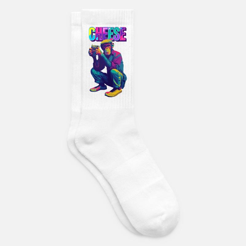 Cheese! Affe mit Kamera im Neon Pop-Art Stil - Tennissocken - Weiß