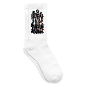 Engelstatue im Nebel mit Raben - Tennissocken - Weiß - Rechts
