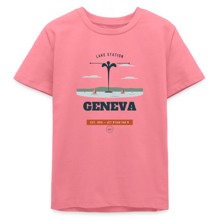 Geneva badge on a teens organic t-shirt by stanley/stella, pink joy 