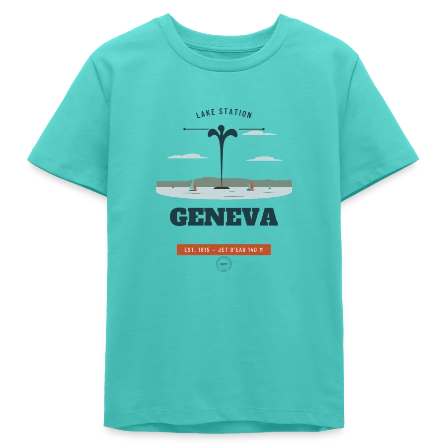 Geneva badge on a teens organic t-shirt by stanley/stella, pool blue