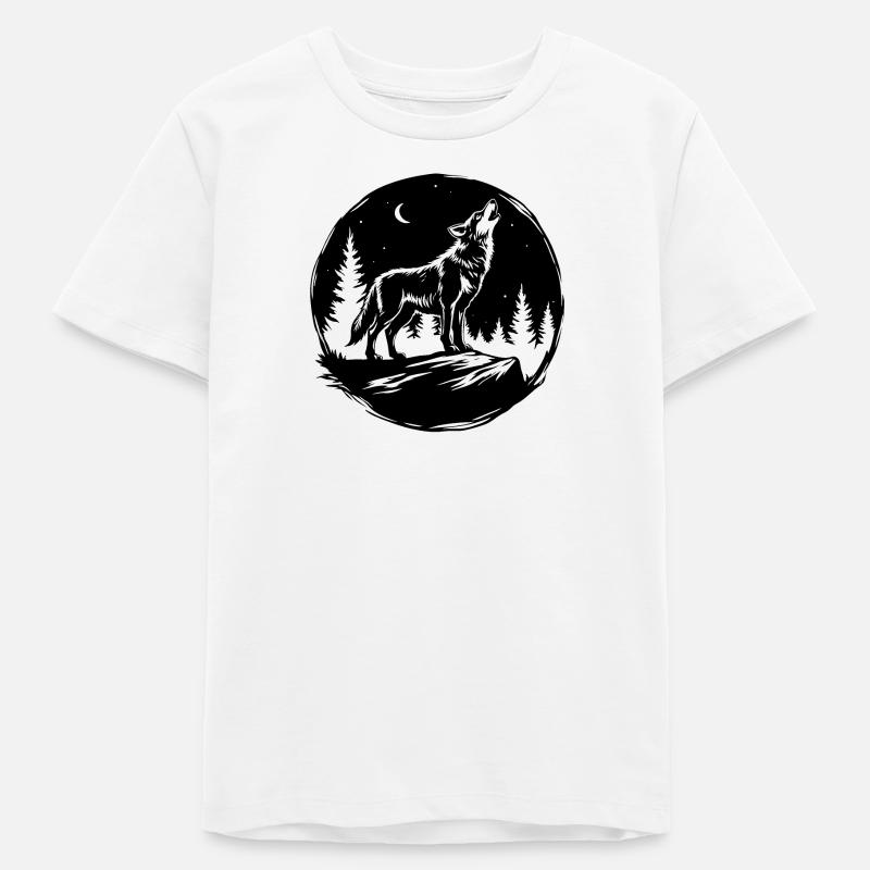 Black-and-White Stencil: Howling Wolf on a Rock - Teens Organic T-shirt by Stanley/Stella - white
