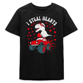 Je vole des cœurs Saint Valentin T Rex chevauchant un camion - T-shirt ado bio Stanley/Stella - noir - Devant