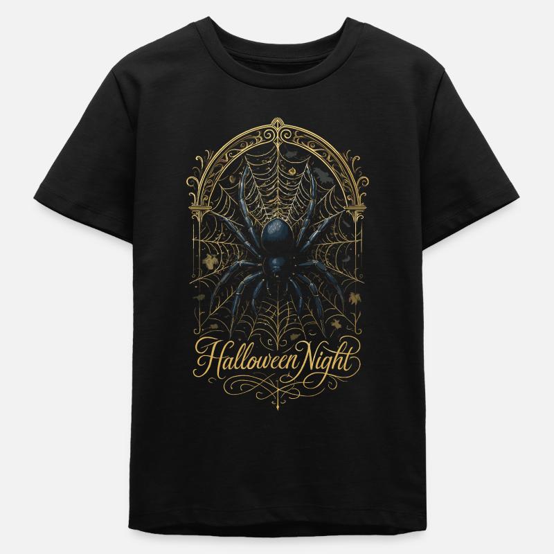 Araignée Halloween Nuit - Arachnide Toile Dorée - T-shirt ado bio Stanley/Stella - noir