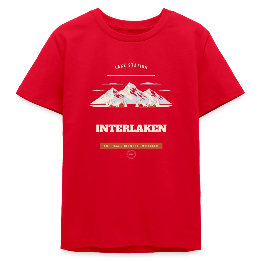 Interlaken badge on a teens organic t-shirt by stanley/stella, red