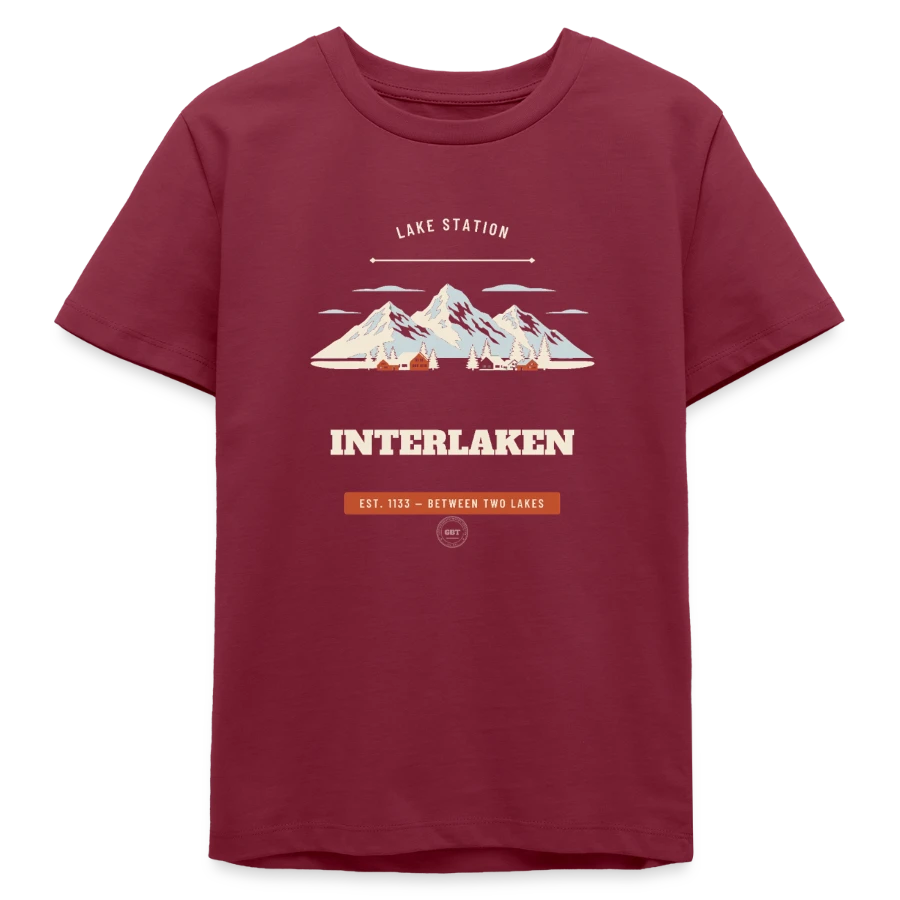 Interlaken badge on a teens organic t-shirt by stanley/stella, burgundy
