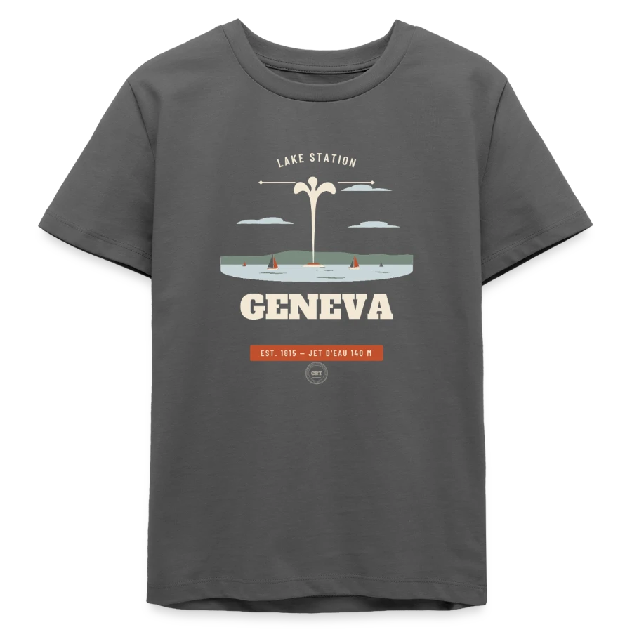Geneva badge on a teens organic t-shirt by stanley/stella, anthracite