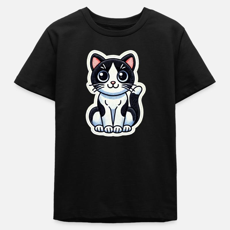 Mignon chat noir et blanc est bien assis / Patch - T-shirt ado bio Stanley/Stella - noir