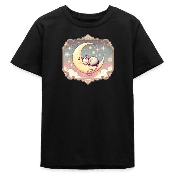 souris endormie paisiblement, sur un croissant de lune - T-shirt ado bio Stanley/Stella - noir - Devant