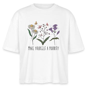 Vintage-Retro-Wildblumen Machen Sie sich selbst zur Priorität - Stanley/Stella Frauen Boxy Bio-T-Shirt Nova - Weiß - Vorne - Anna (173cm)