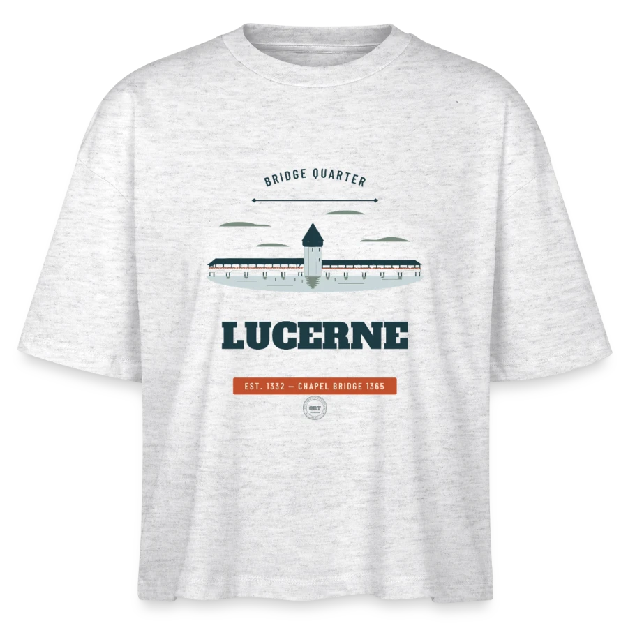 Lucerne badge on a stanley/stella nova women’s boxy organic t-shirt, heather white