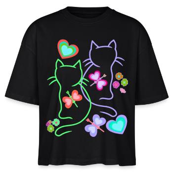 Frühling Sommer Retro Katzen Katze Kinder 80er - Stanley/Stella Frauen Boxy Bio-T-Shirt Nova - Schwarz - Vorne - Anna (173cm)