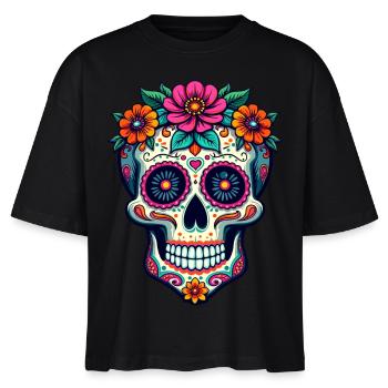 Floraler Zuckerschädel – Lebendige Kunst zum Tag der Toten - Stanley/Stella Frauen Boxy Bio-T-Shirt Nova - Schwarz - Vorne - Anna (173cm)