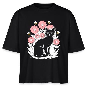 Cottagecore Idylle: Schwarze Katze mit Blumen und - Stanley/Stella Frauen Boxy Bio-T-Shirt Nova - Schwarz - Vorne - Anna (173cm)