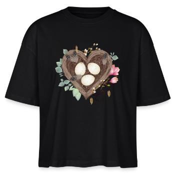 Herzförmiges Vogelnest mit Vogeleiern und Blüten - Stanley/Stella Frauen Boxy Bio-T-Shirt Nova - Schwarz - Vorne - Anna (173cm)