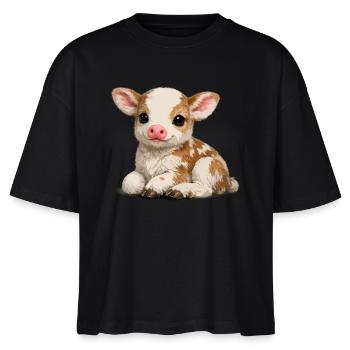 Süßes Kalb-Kuscheltier - Stanley/Stella Frauen Boxy Bio-T-Shirt Nova - Schwarz - Vorne - Anna (173cm)