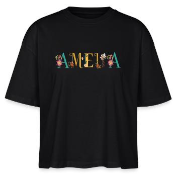 AMELIA Namenskunst mit gestickten Blumen - Stanley/Stella Frauen Boxy Bio-T-Shirt Nova - Schwarz - Vorne - Anna (173cm)