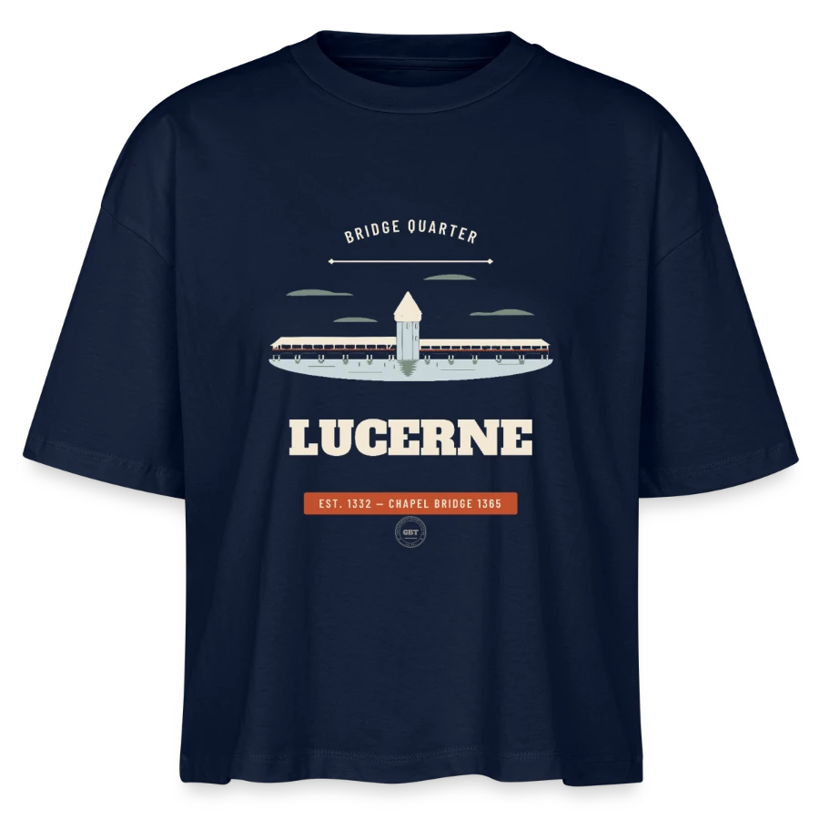 Lucerne badge on a stanley/stella nova women’s boxy organic t-shirt, navy