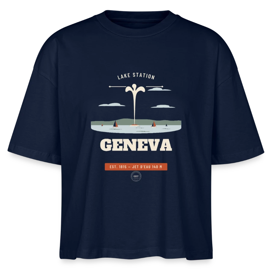 Geneva badge on a stanley/stella nova women’s boxy organic t-shirt, navy