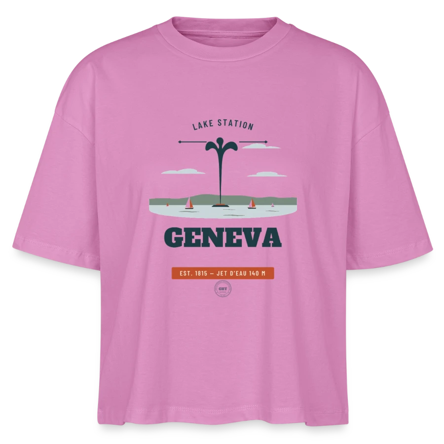 Geneva badge on a stanley/stella nova women’s boxy organic t-shirt, pink