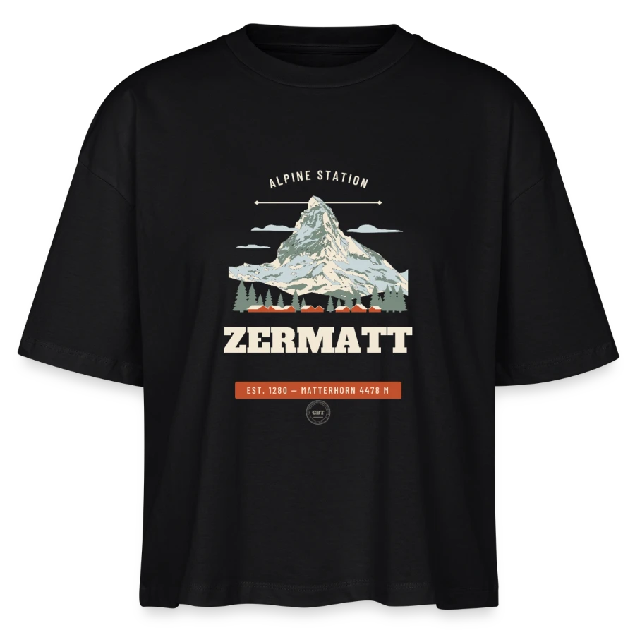 Zermatt badge on a stanley/stella nova women’s boxy organic t-shirt, black