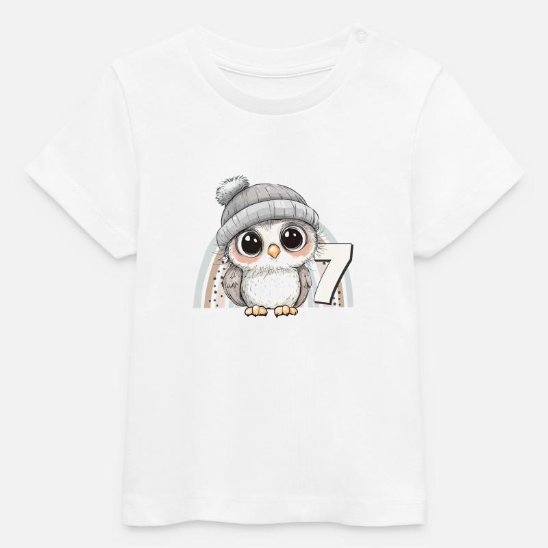 7. Födelsedag Uggla, Regnbåge, Söt, Söt - T-shirt baby ekologisk Stanley/Stella - vit