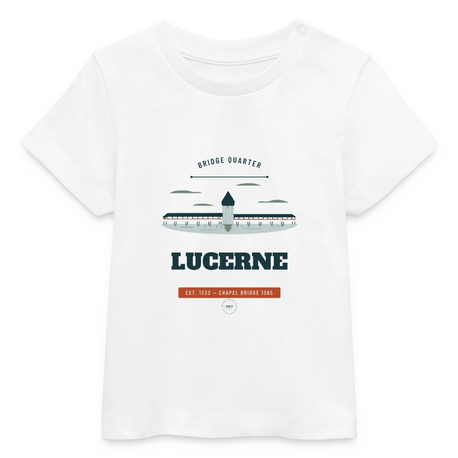 Lucerne badge on a baby organic t-shirt by stanley/stella, white