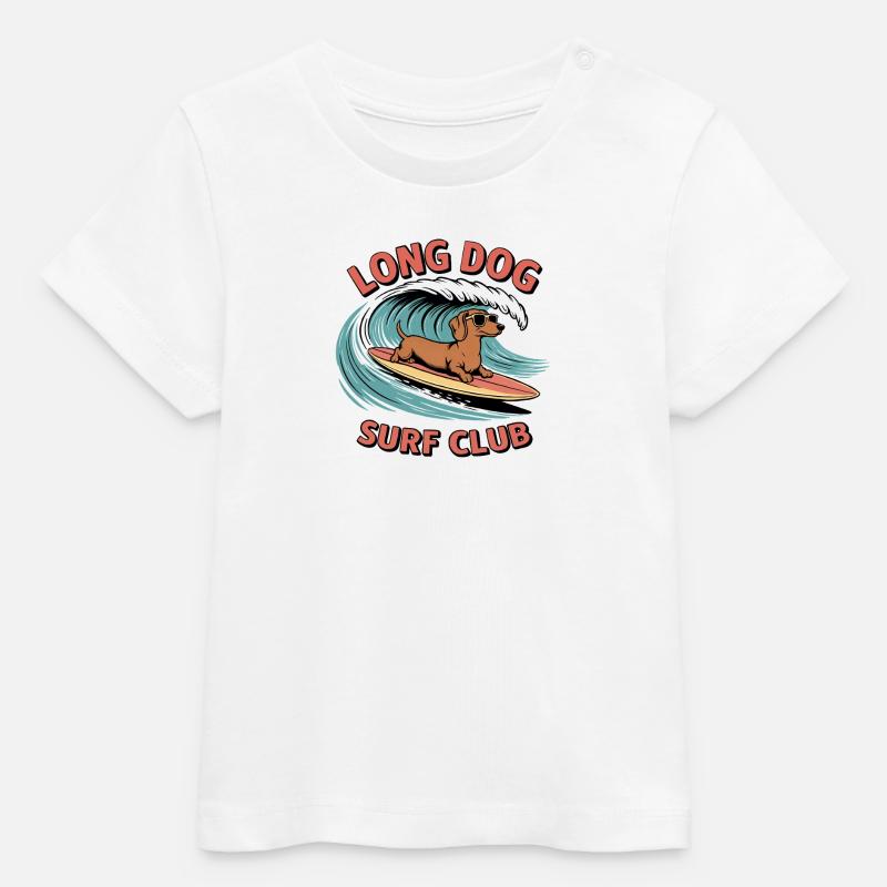 Un teckel surfe sur une planche – style rétro surf - T-shirt bébé bio Stanley/Stella - blanc