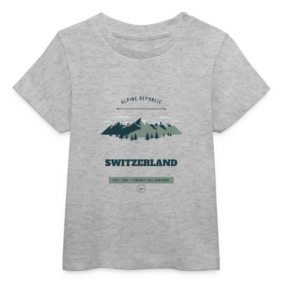 Switzerland badge on a baby organic t-shirt by stanley/stella, heather grey