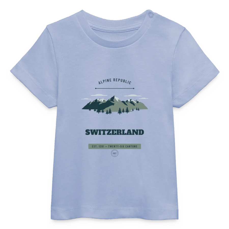 Switzerland badge on a baby organic t-shirt by stanley/stella, sky