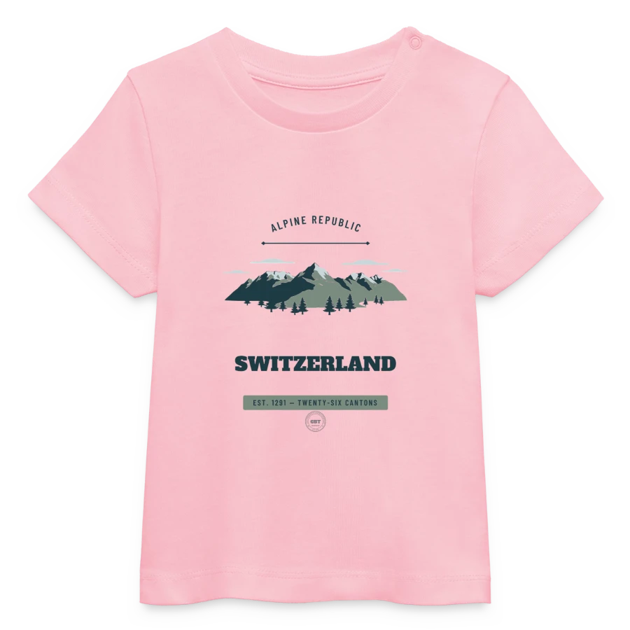 Switzerland badge on a baby organic t-shirt by stanley/stella, cotton pink