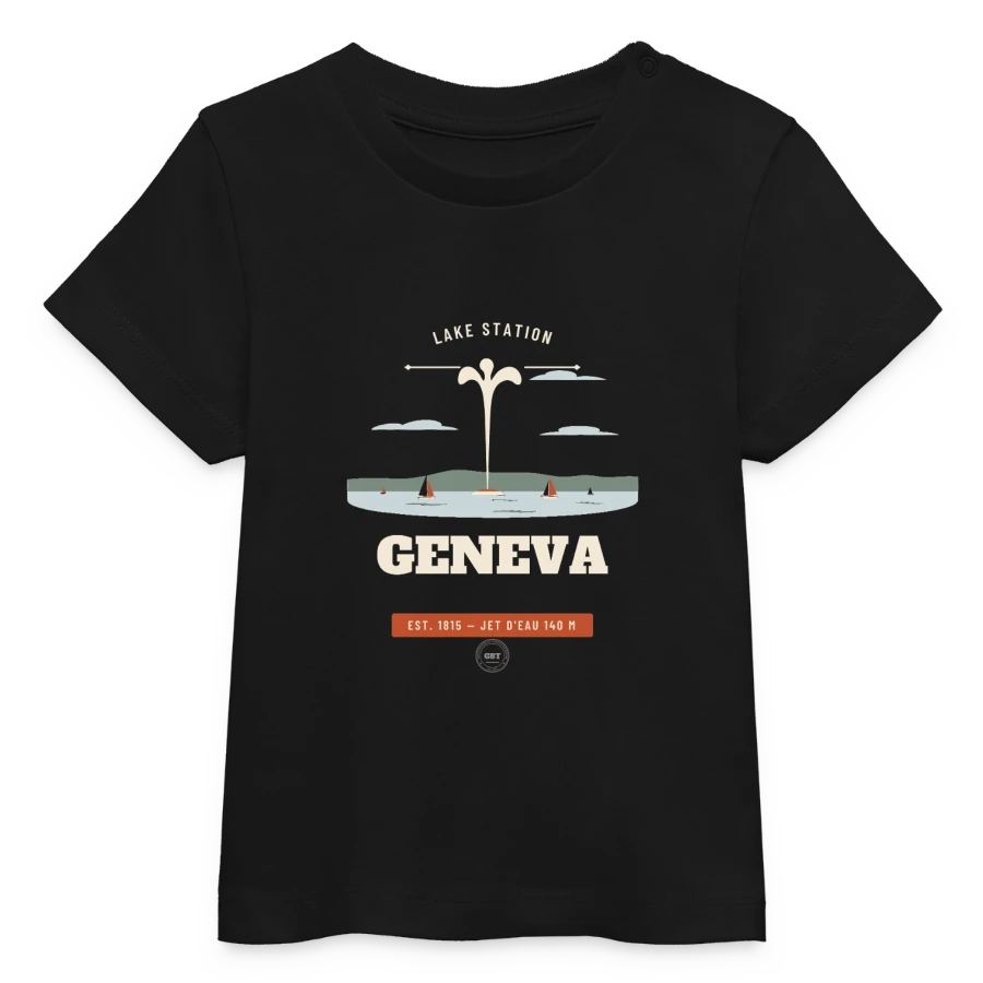Geneva badge on a baby organic t-shirt by stanley/stella, black
